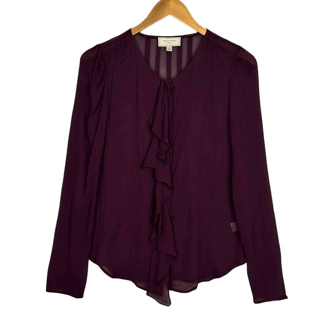 Moulinette Soeurs Anthropologie 100% Silk Ruffle Blouse Sheer Burgundy Size 4